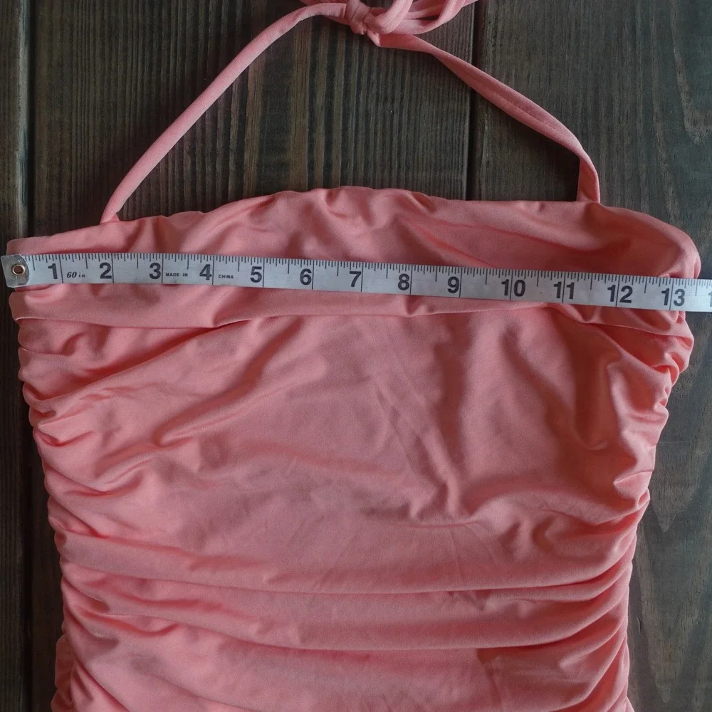 Vintage Y2K Mini‎ Dress Medium Coral Pink Ruched Asymmetric Bodycon Halter HOCO